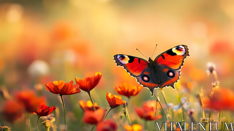 Macro study of butterfly in sunlit wildflower meadow field.