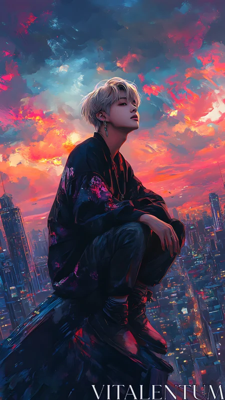 Neon city rooftop portrait under painterly sunset sky.