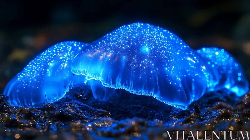 Glowing blue forest mushrooms shining like tiny night skies.