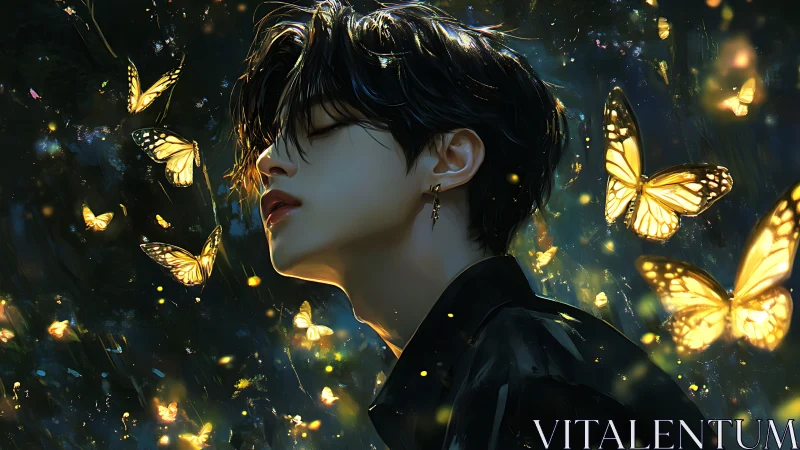 Young figure with glowing butterflies in night forest.