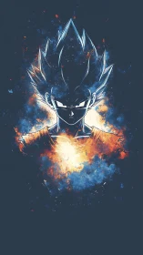 Cosmic warrior ignites in blazing orange and electric blue fury.