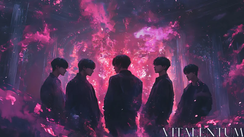 Silhouetted figures encircled by luminous magenta nebula portal