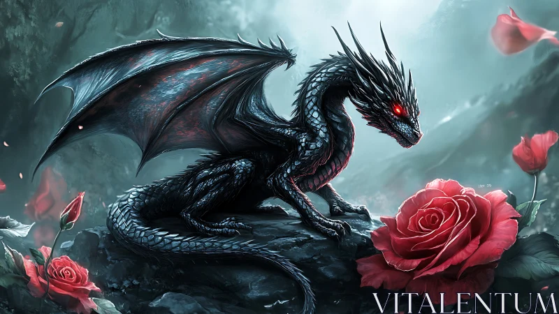 Tiny obsidian dragon resting among dewy crimson roses.