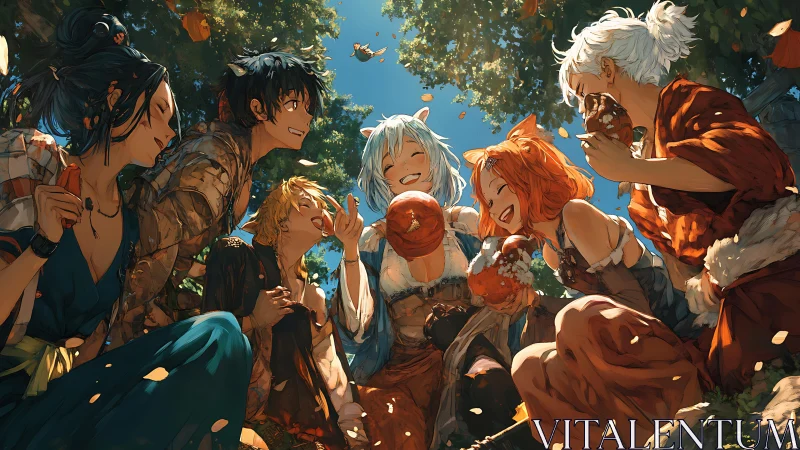 Sunlit friends share juicy autumn apples in joyful laughter