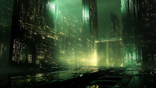 Neon-lit cyber city glows through dense digital mist and haze