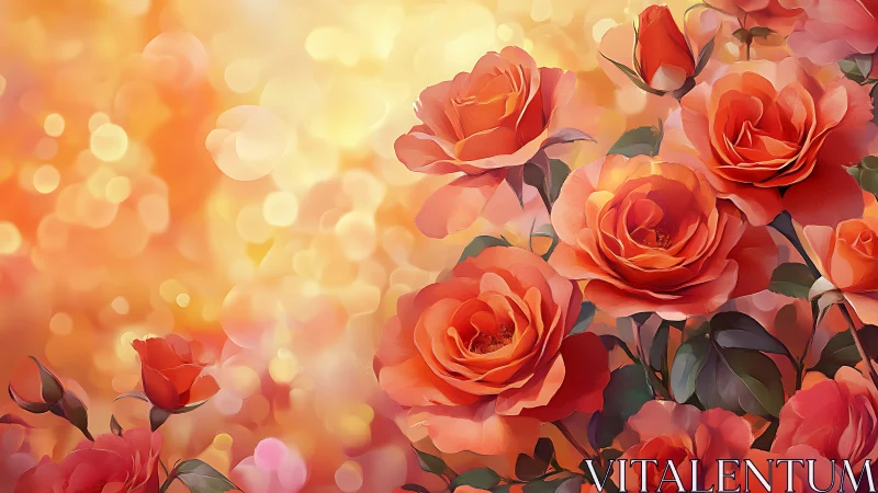 Red Roses Bloom in Warm Golden Bokeh Light.
