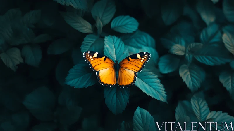 High-contrast orange butterfly on teal foliage with shallow depth