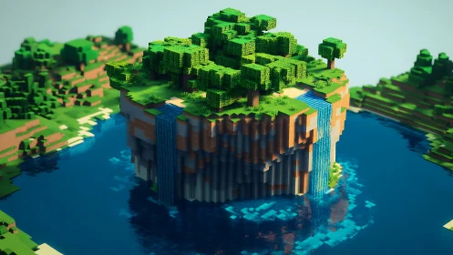 Floating Voxel Island with Cascading Waterfall and Pixelated Forest