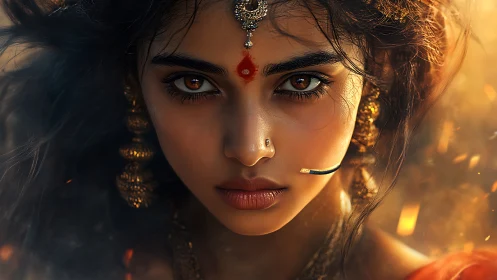 Fierce warrior woman stares forward through drifting embers