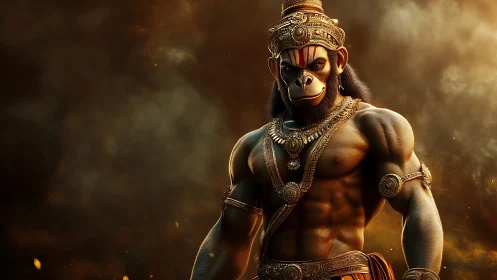 Muscular humanoid monkey warrior stands in ornate golden armor