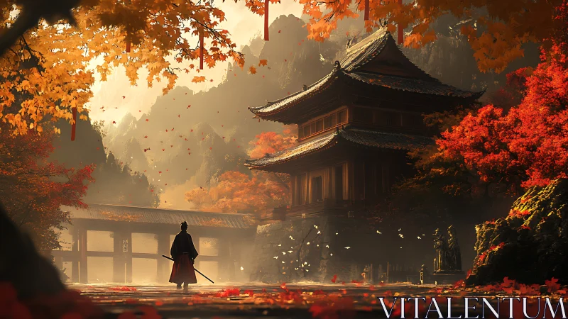 Samurai figure before tiered temple in autumn landscape.