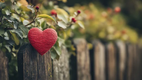 Red Heart Resting on a Weathered Fence Post.