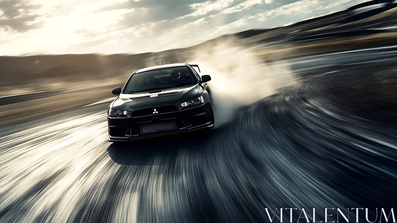 Black sports sedan drifts aggressively through sweeping racetrack curve