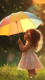 Little dreamer under a colorful sunlit umbrella moment.
