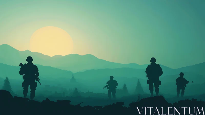 Silhouetted infantry squad advancing across misty valley sunrise