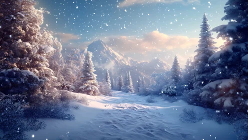 Digital painting of alpine winter forest with receding path.