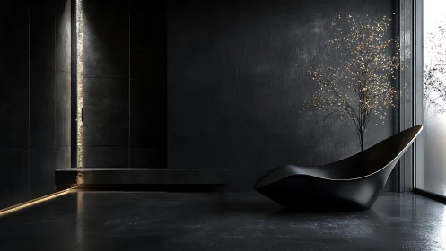 Minimalist black lounge interior with sculptural chaise and LED lighting