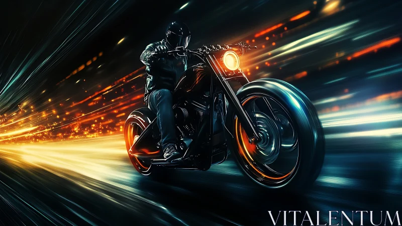 Midnight rider streaks through neon-lit urban speedway.