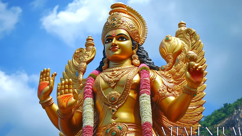Golden Hindu deity statue glows against bright blue sky.