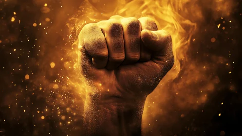Clenched Fist Radiating Golden Energy and Power