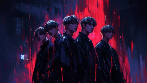 Dark synthwave boy band before neon blood rain wall.