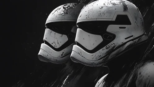 Twin battle helmets adrift in splattered galactic dusk.