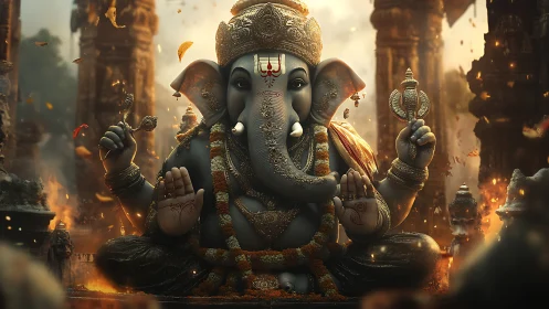 Regal Ganesha idol glows in fiery temple dusk ambiance