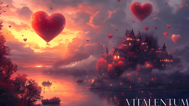 Illuminated castle with floating heart-shaped elements at sunset.