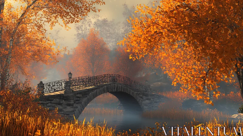 Stone bridge arches over serene river in glowing autumn fog