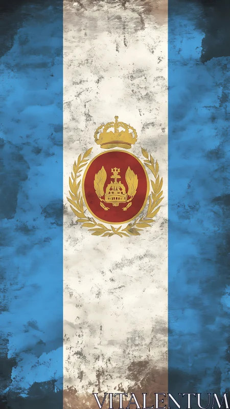 Weathered tricolor flag with crowned heraldic emblem.