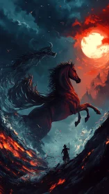 Red warhorse and rider in volcanic landscape under moon.