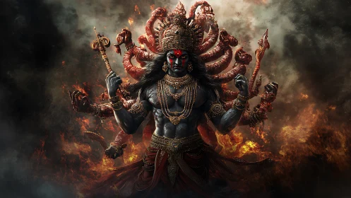 Fierce many-armed deity strides through swirling fire and smoke