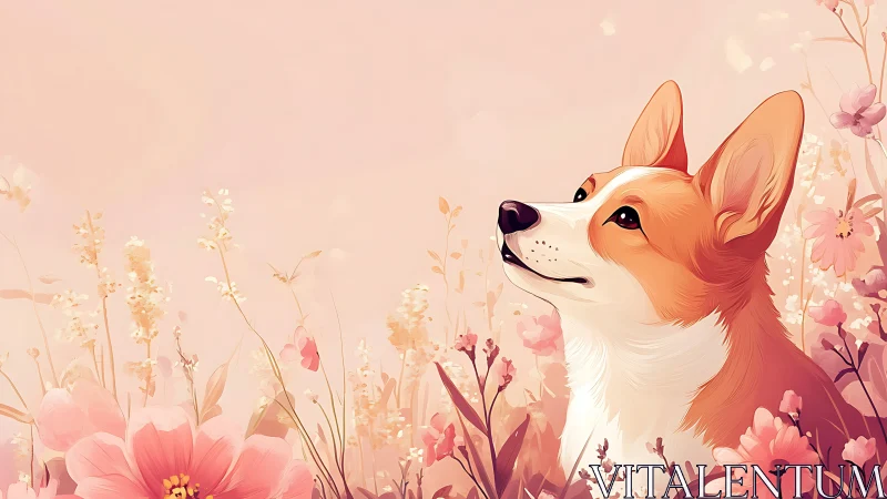 Corgi gazes upward in dreamy pastel spring meadow illustration.