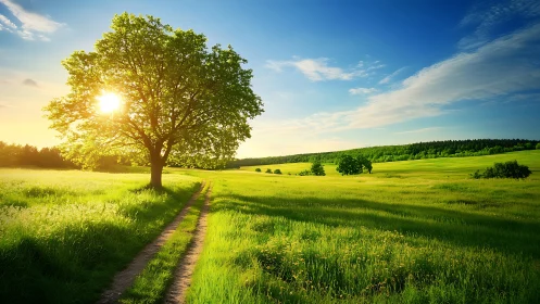 Low-angle rural landscape captures sunlit tree and receding track