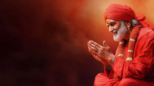 Elderly spiritual man in red robes with folded hands.
