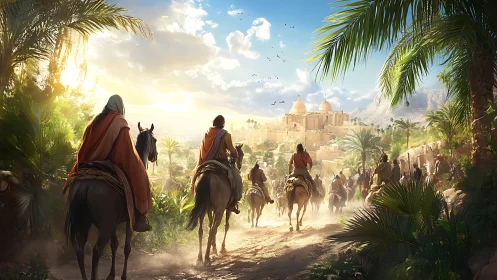 Caravan riders approach sunlit desert citadel through oasis road.