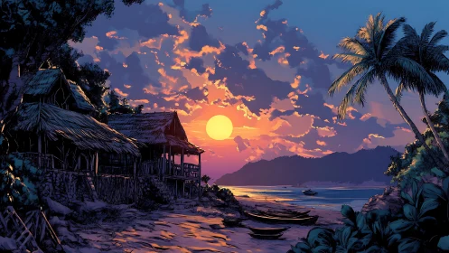 Tropical shoreline huts under vivid sunset sky scene.