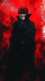Dark-eyed anime antihero stands in blazing crimson haze.