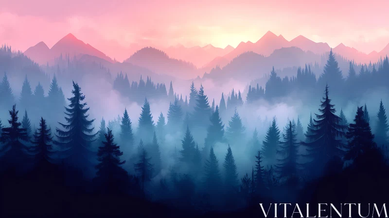 Misty Mountains at Dawn: Where Dreams Meet Forest.