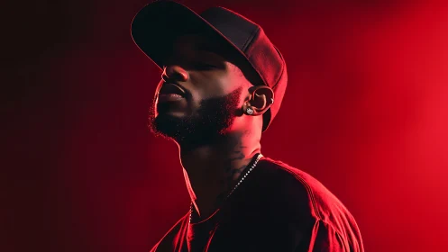 Moody portrait of man in cap under dramatic red light.