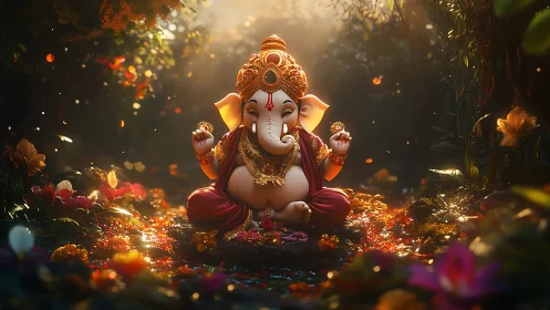Ganesh figure seated in forest clearing with floral ground.