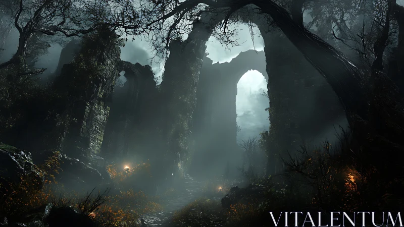 Moonlit ruined archway rises from foggy haunted forest