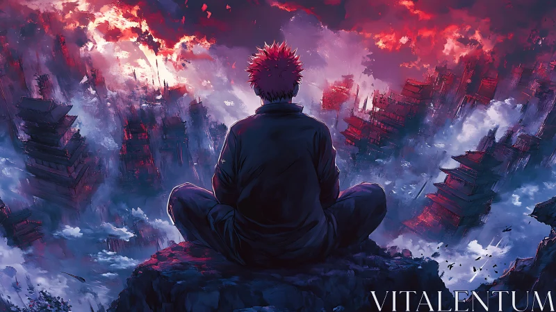 Solitary warrior overlooks burning vertical sky city