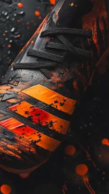 Close-up sports boot shows dynamic orange splatter design