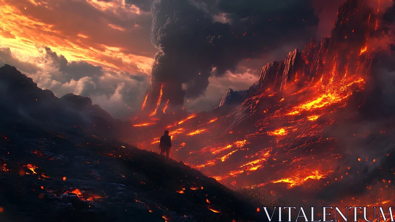 Solitary figure observing volcanic eruption and lava flows.
