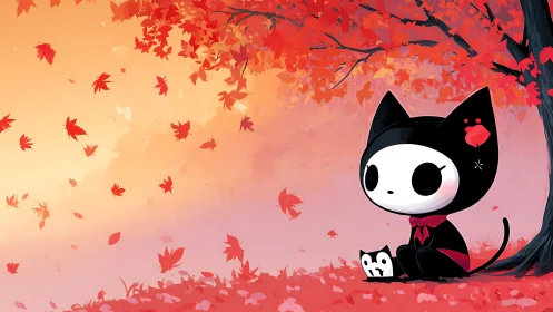 Cartoon cat figure under red autumn tree with falling leaves.