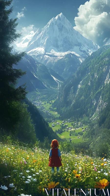 Red-clad child overlooking sunlit alpine valley panorama.