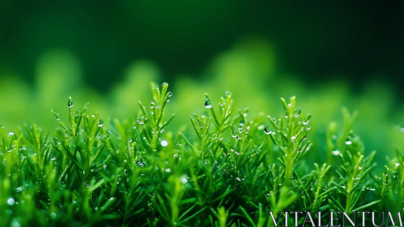 Morning dew on fresh green foliage in soft focus.