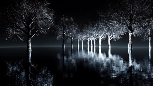 Row of illuminated trees reflected on still dark water.