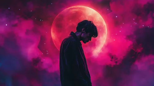 Silhouetted male figure before red moon in pink nebula sky.
